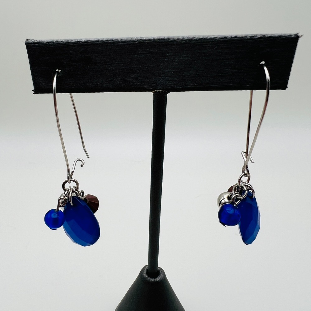 Blue Acrylic Faceted Teardrop Dangle Earrings Silver Tone Kidney Wire Cluster